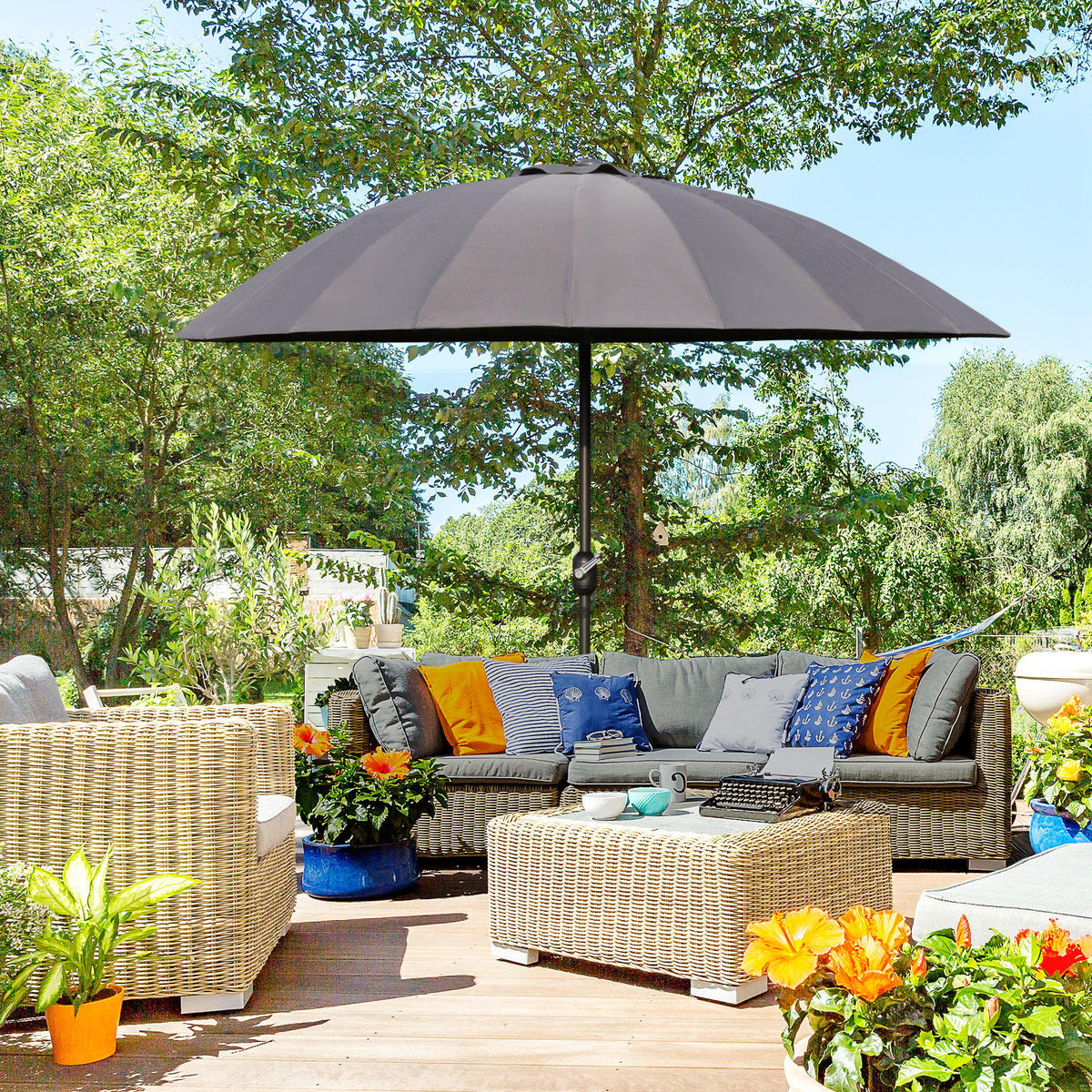 8ft Shanghai Garden Parasol Umbrella with Crank & Tilt, Adjustable Outdoor Sun Shade, Dark Grey