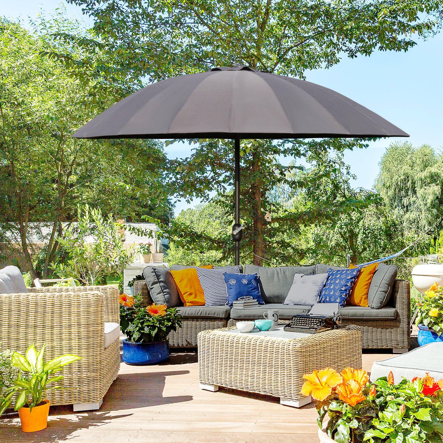 8ft Shanghai Garden Parasol Umbrella with Crank & Tilt, Adjustable Outdoor Sun Shade, Dark Grey