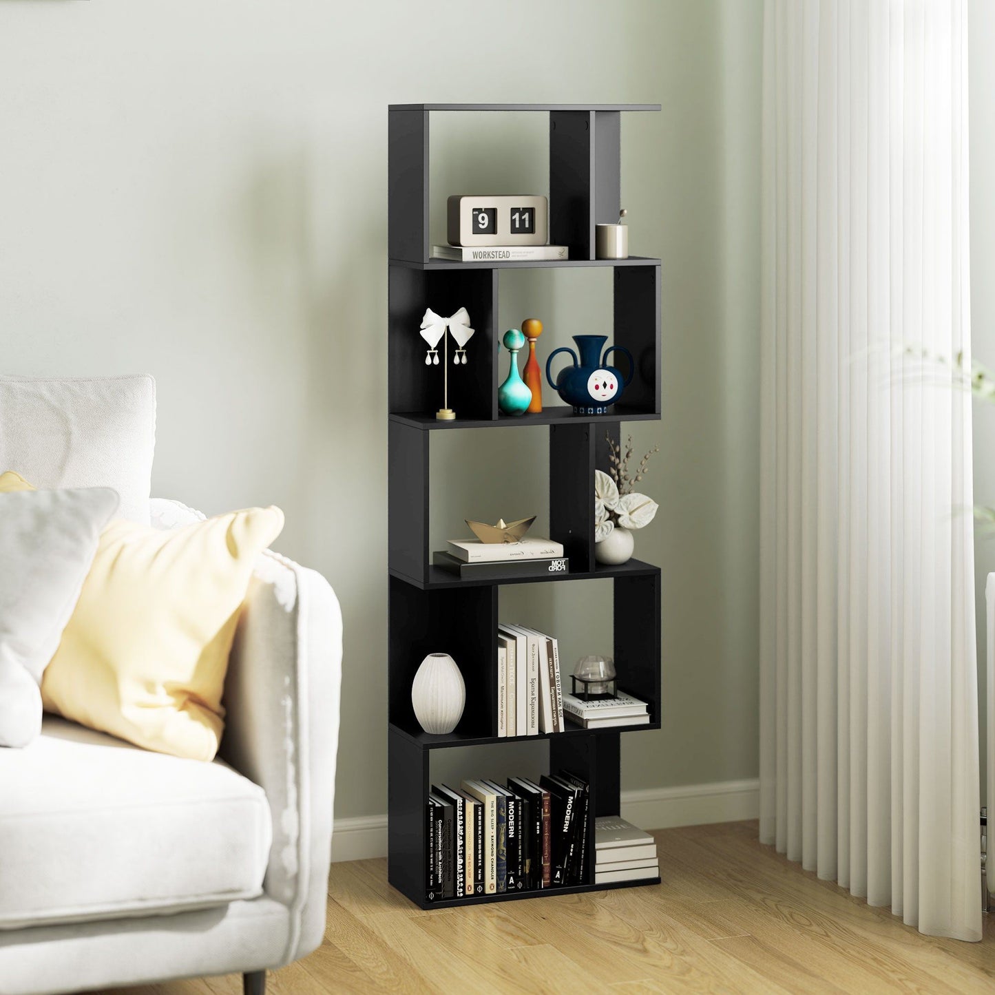 5-Tier S-Shaped Geometric Bookshelf - Black
