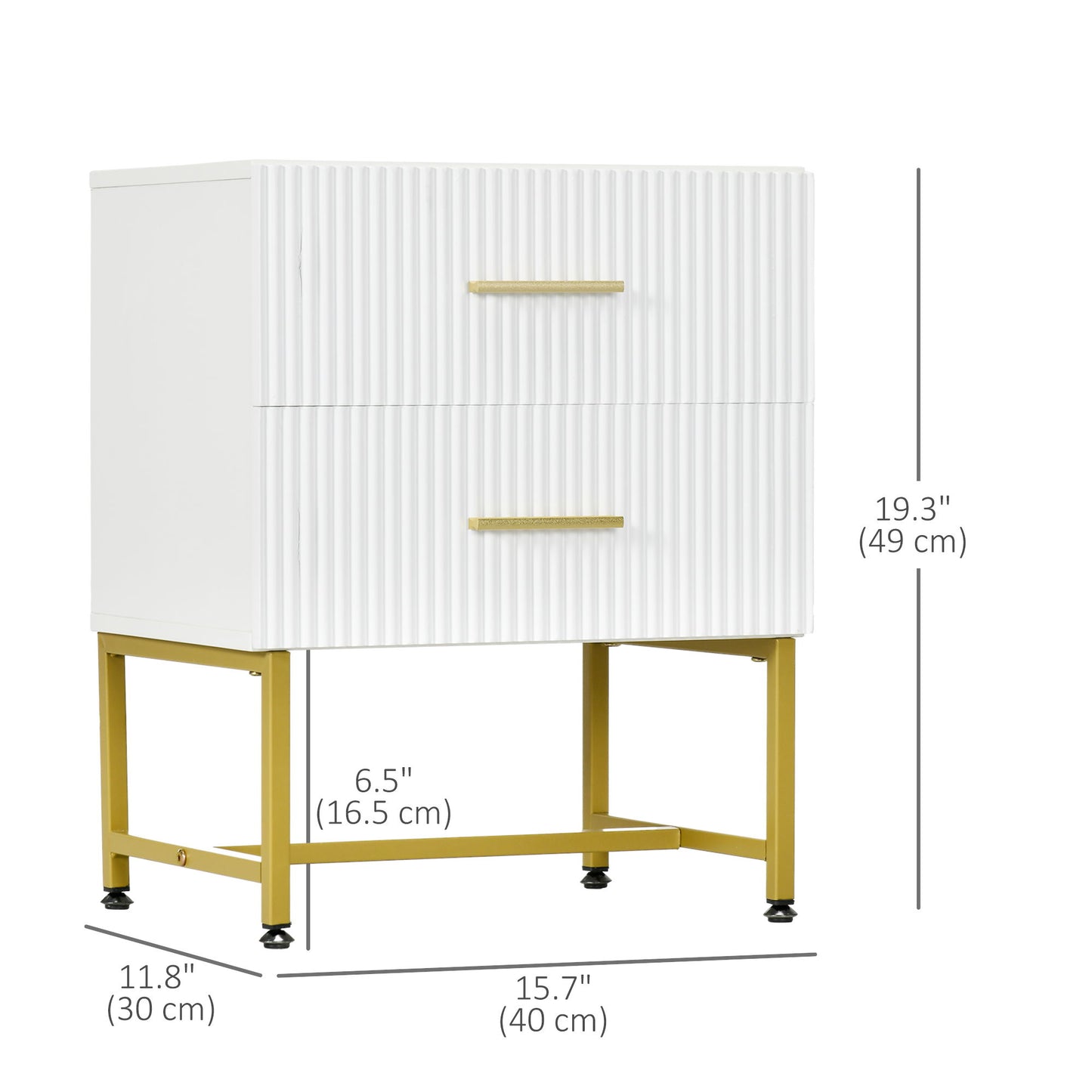 2 Pieces Nightstands with Storage, Modern Bedside Tables with 2 Fluted Drawers and Gold Legs for Bedroom, White