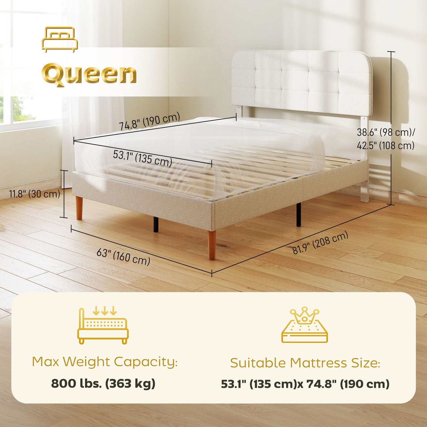 Queen Size Bed Frame with Adjustable Headboard Upholstered Platform Bed Frame with Wood Slat Support Noise Free White