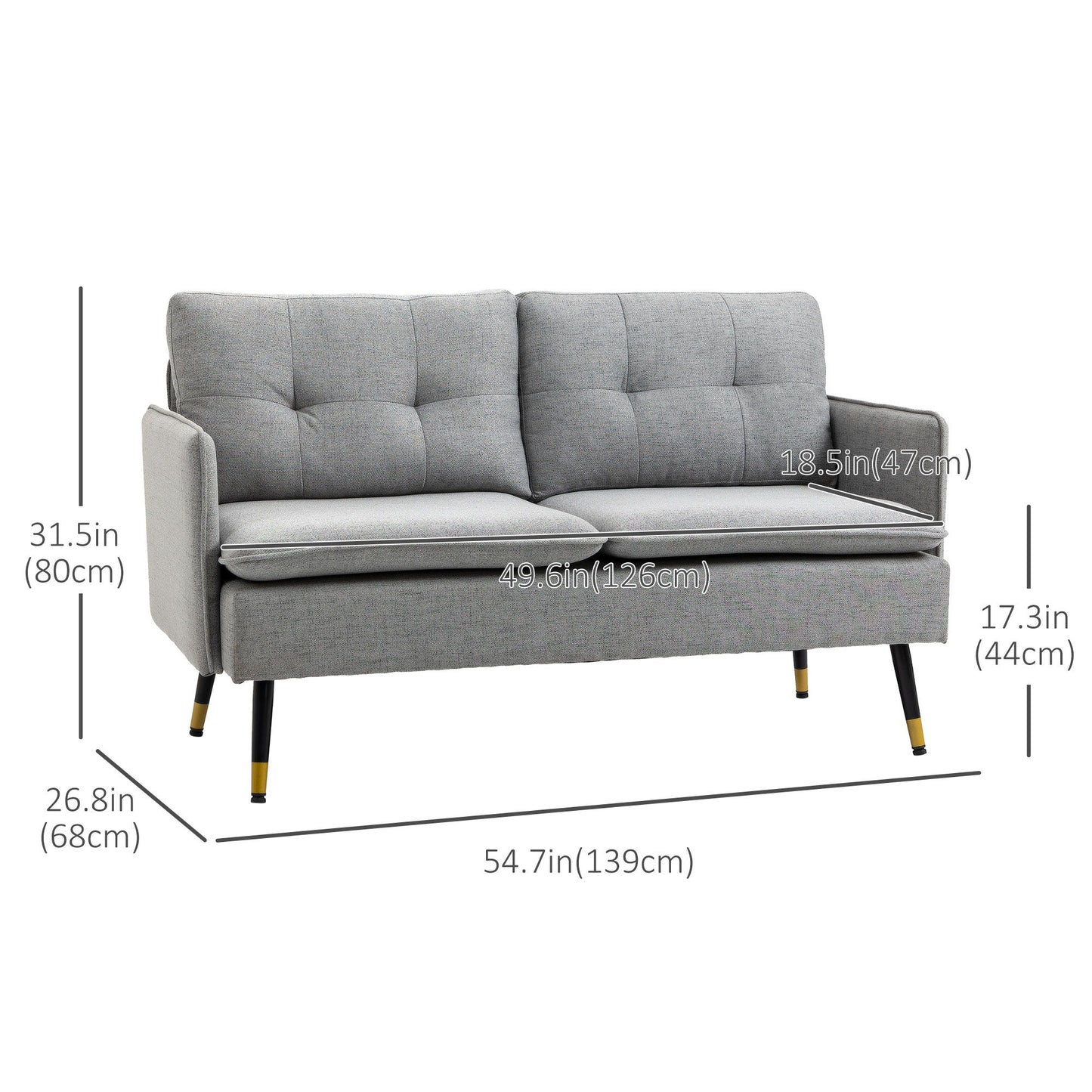 55" Loveseat Sofa, Linen Love Seat w/ S spring, Steel Legs and Button Tufting, Small Couch for Living Room, Grey