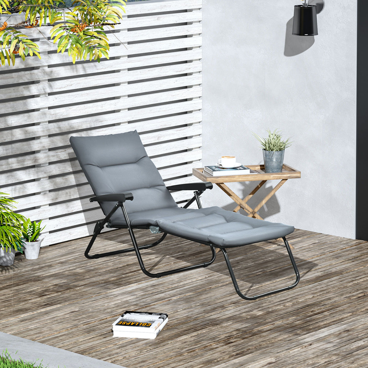 Foldable Lounge Chair, Reclining Patio Sun Lounger with 6-Position Adjustable Back, Grey