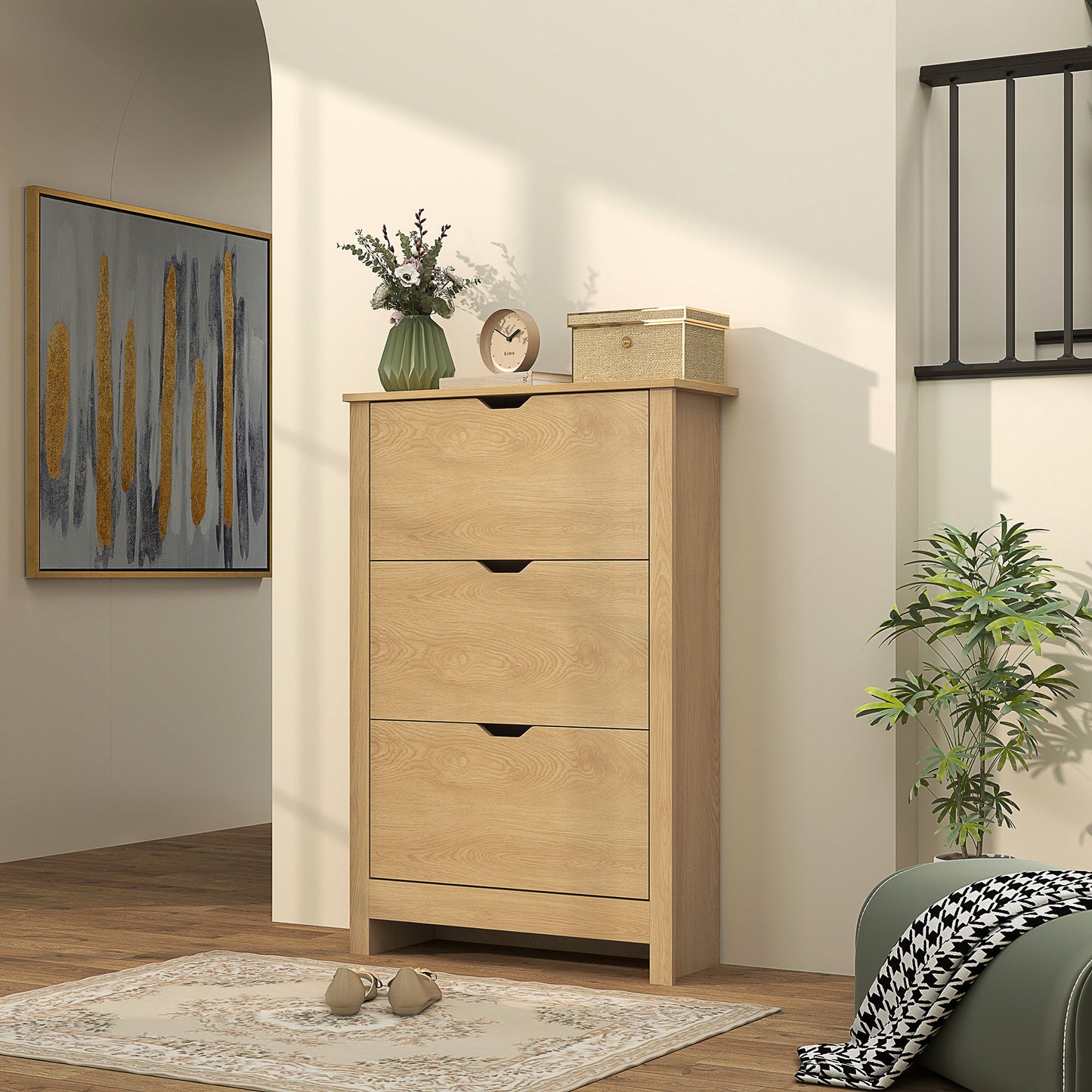 Shoe Storage Cabinet with 3 Flip Drawers and Adjustable Shelves for 18 Pairs of Shoes, Natural Wood