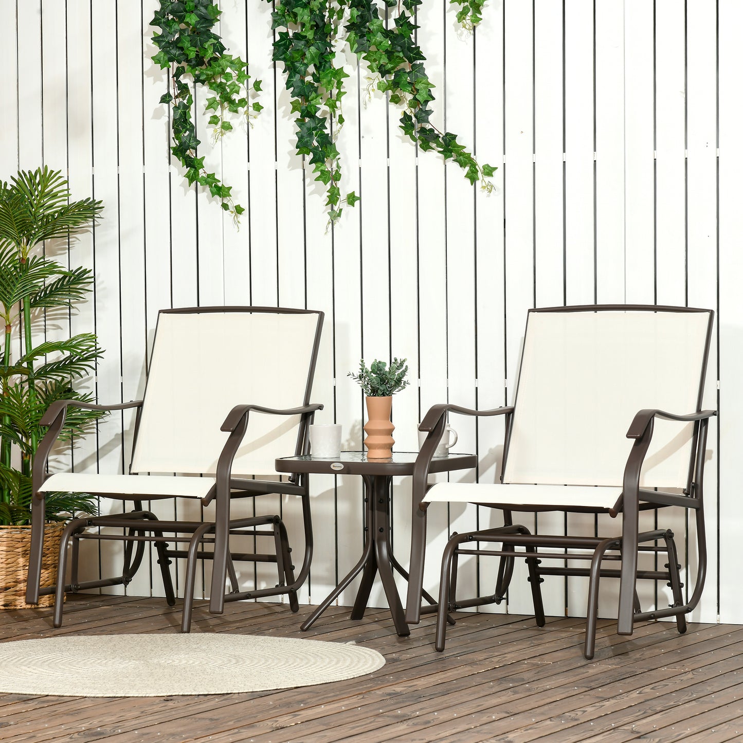 3 Piece Patio Glider Set Outdoor Gliders with Breathable Mesh Seat, Glass Top Table for Garden, Yard, Blue - Cream White