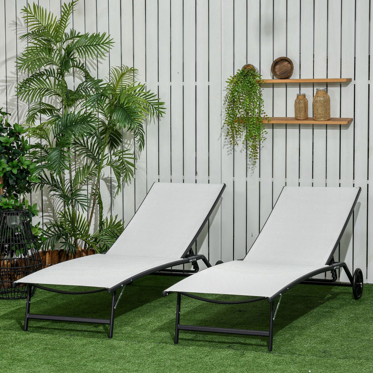 2PCs Lounge Chairs with Wheels, 5-Level Adjustable Backrest for Garden, Backyard, Patio, Deck, Poolside, White
