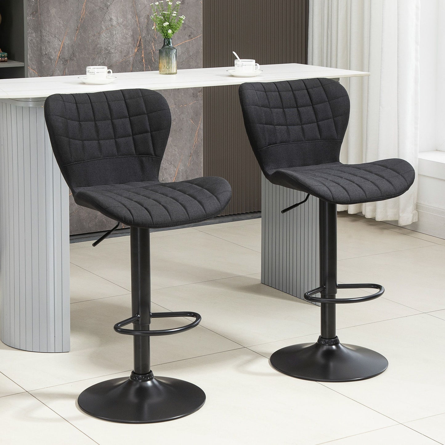 Bar Stools Set of 2, Adjustable Height Swivel Bar Chairs, Linen-feel Fabric Upholstered Kitchen Counter Stools with Wide Seat, Back and Footrest, Black