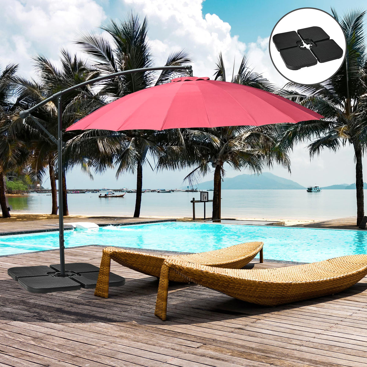 4PCs Cantilever Umbrella Base Weights for Offset Banana Parasol, HDPE Water or Sand Filled Patio Umbrella Weights for Cross Base Stand with Built-in Handles, Black