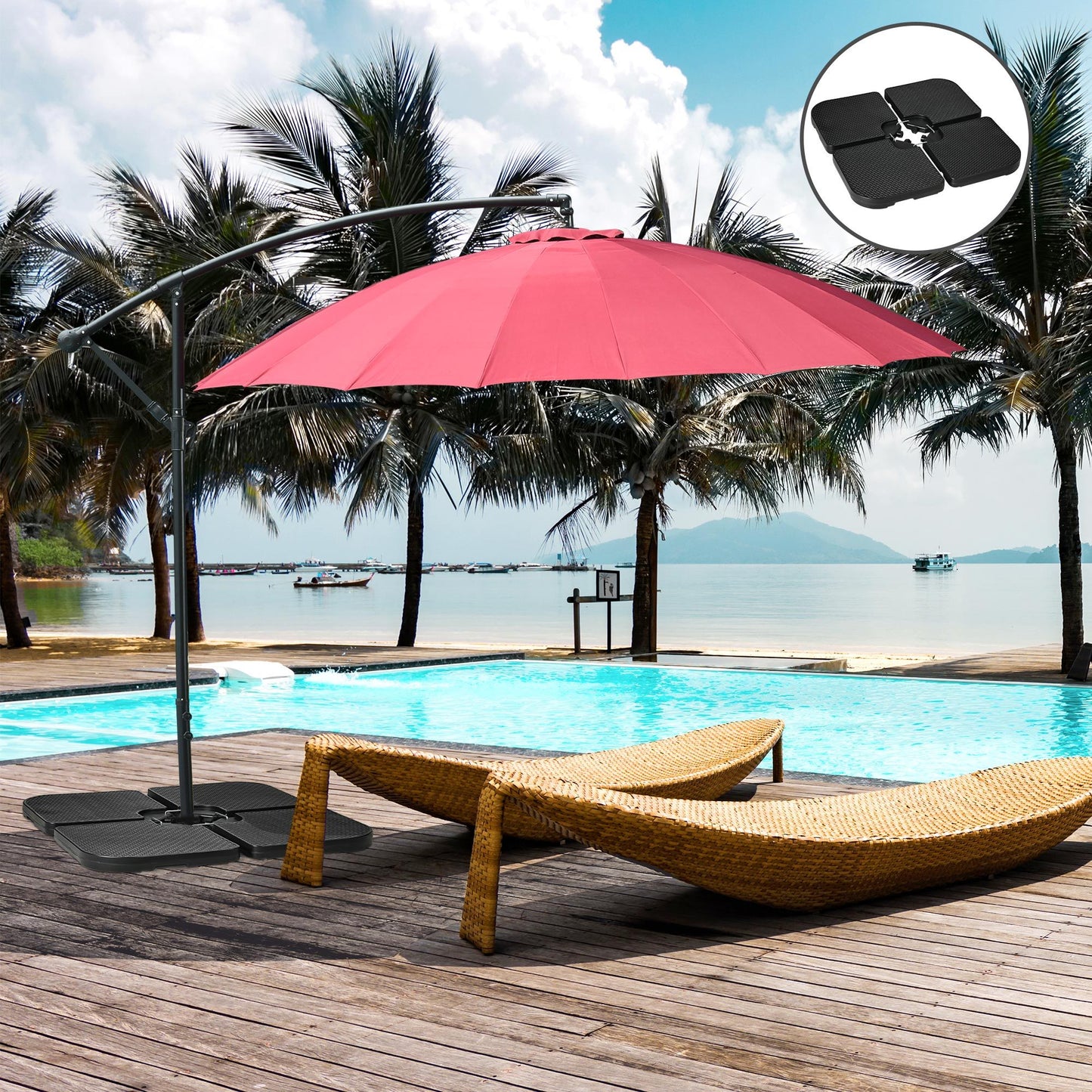 4PCs Cantilever Umbrella Base Weights for Offset Banana Parasol, HDPE Water or Sand Filled Patio Umbrella Weights for Cross Base Stand with Built-in Handles, Black