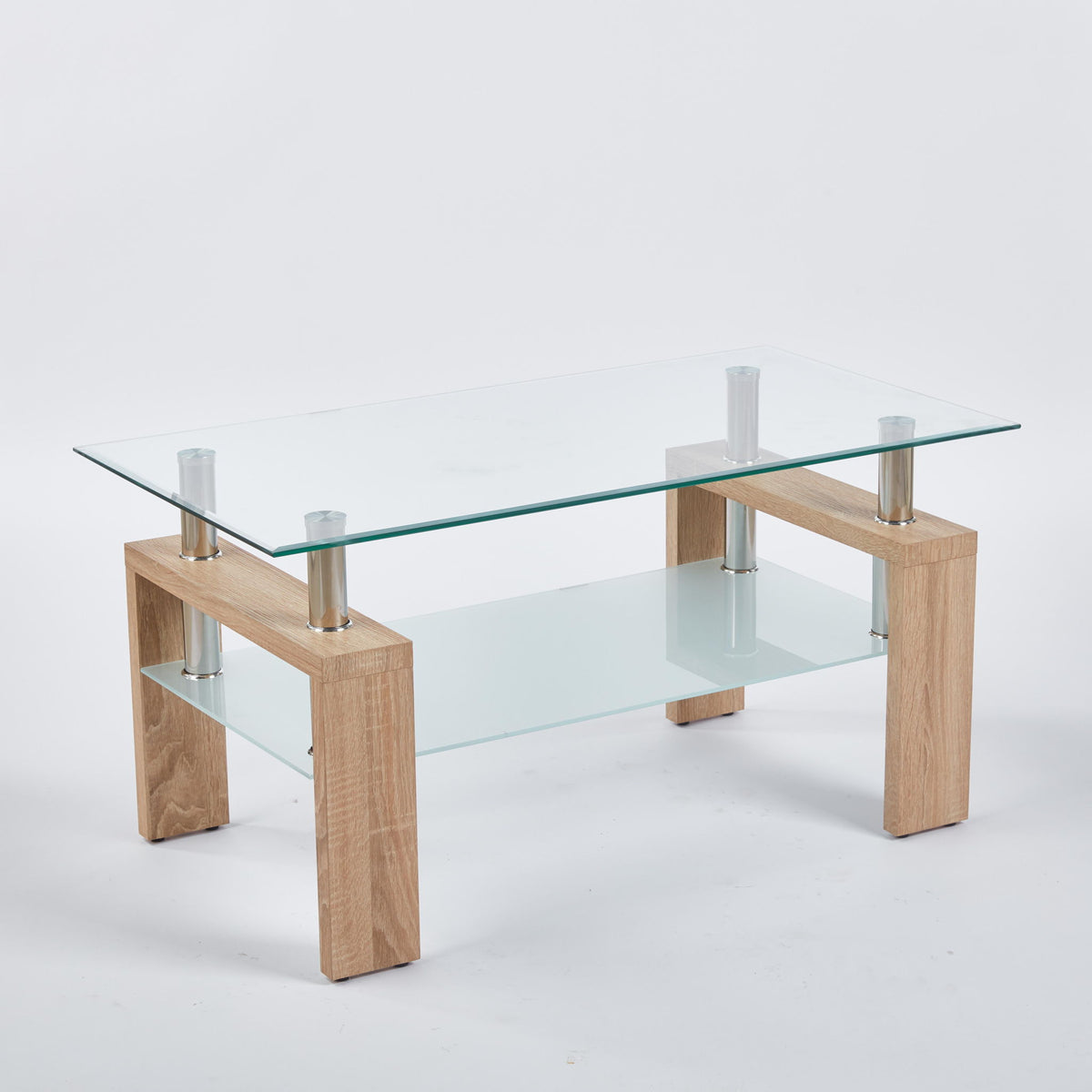 Tempered Glass Coffee Table with Geometric Design, Metal Tubular Legs, Durable Centre Desk for Living Room, 35" L x 19" W x 16.5" H, Natural