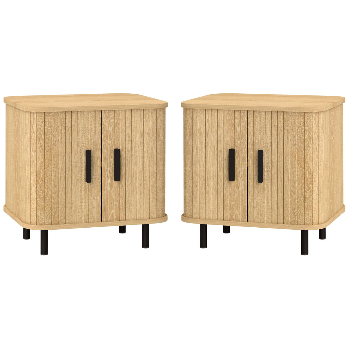 Nightstand Set of 2, Side Table with Shutter Doors, Sofa End Table with Steel Frame, for Bedroom, Living Room, Oak