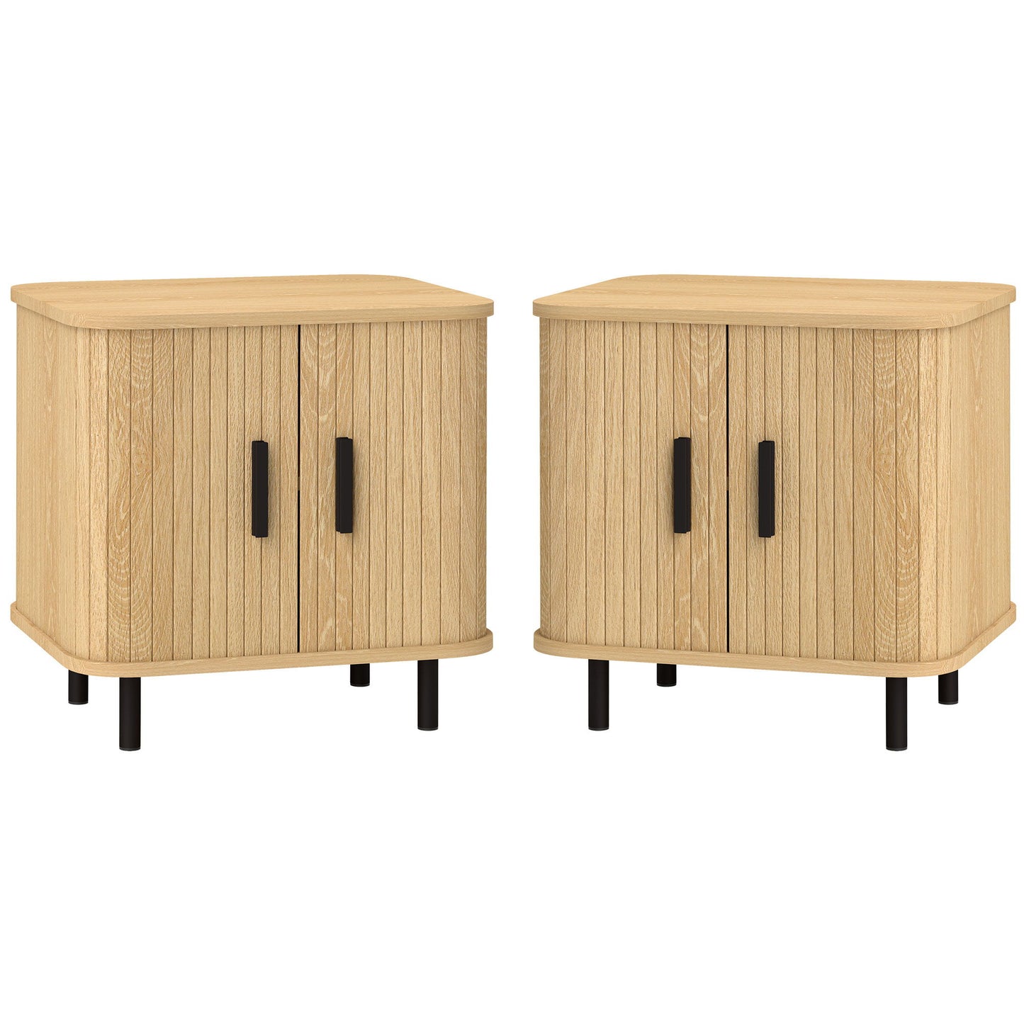 Nightstand Set of 2, Side Table with Shutter Doors, Sofa End Table with Steel Frame, for Bedroom, Living Room, Oak
