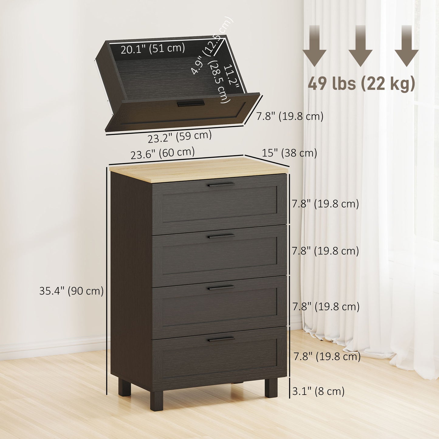 Dresser for Bedroom with 4 Drawers, Chest of Drawers with Solid Wood Legs for Closet, Living Room, Entryway, Black