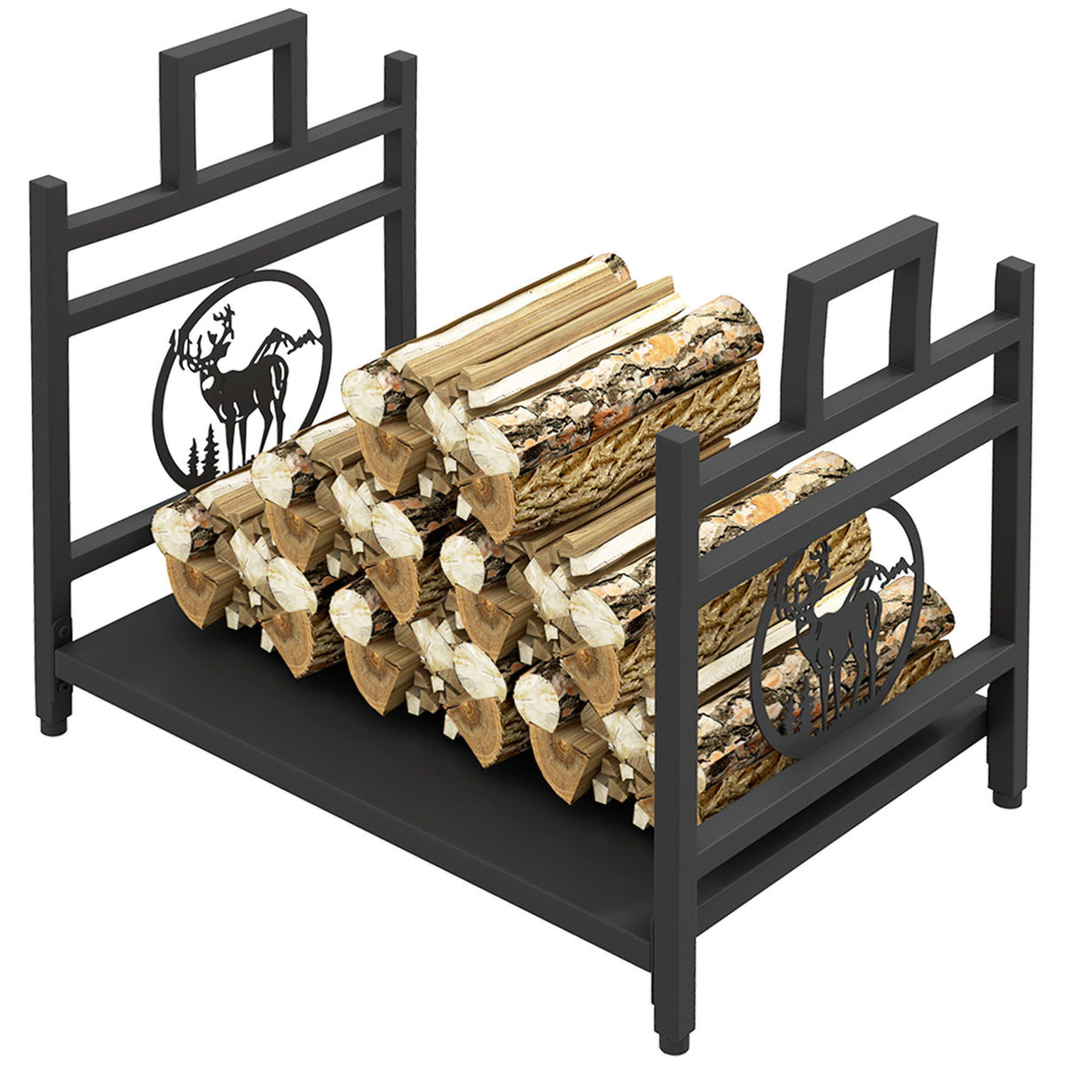 Decorative Firewood Rack Outdoor Indoor Steel Wood Storage Log Holder with Side Handles, 19.7" x 13.4" x 17.7", Black