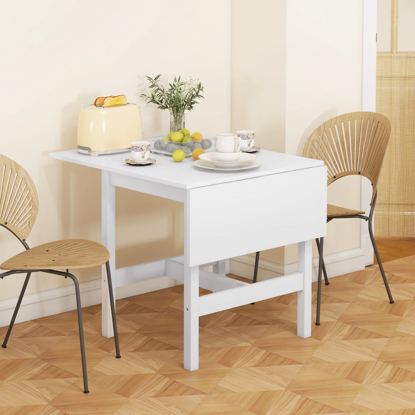 Solid Wood Kitchen Table, Farmhouse Drop Leaf Tables for Small Spaces, Folding Dining Table, for Up to 4 People, White