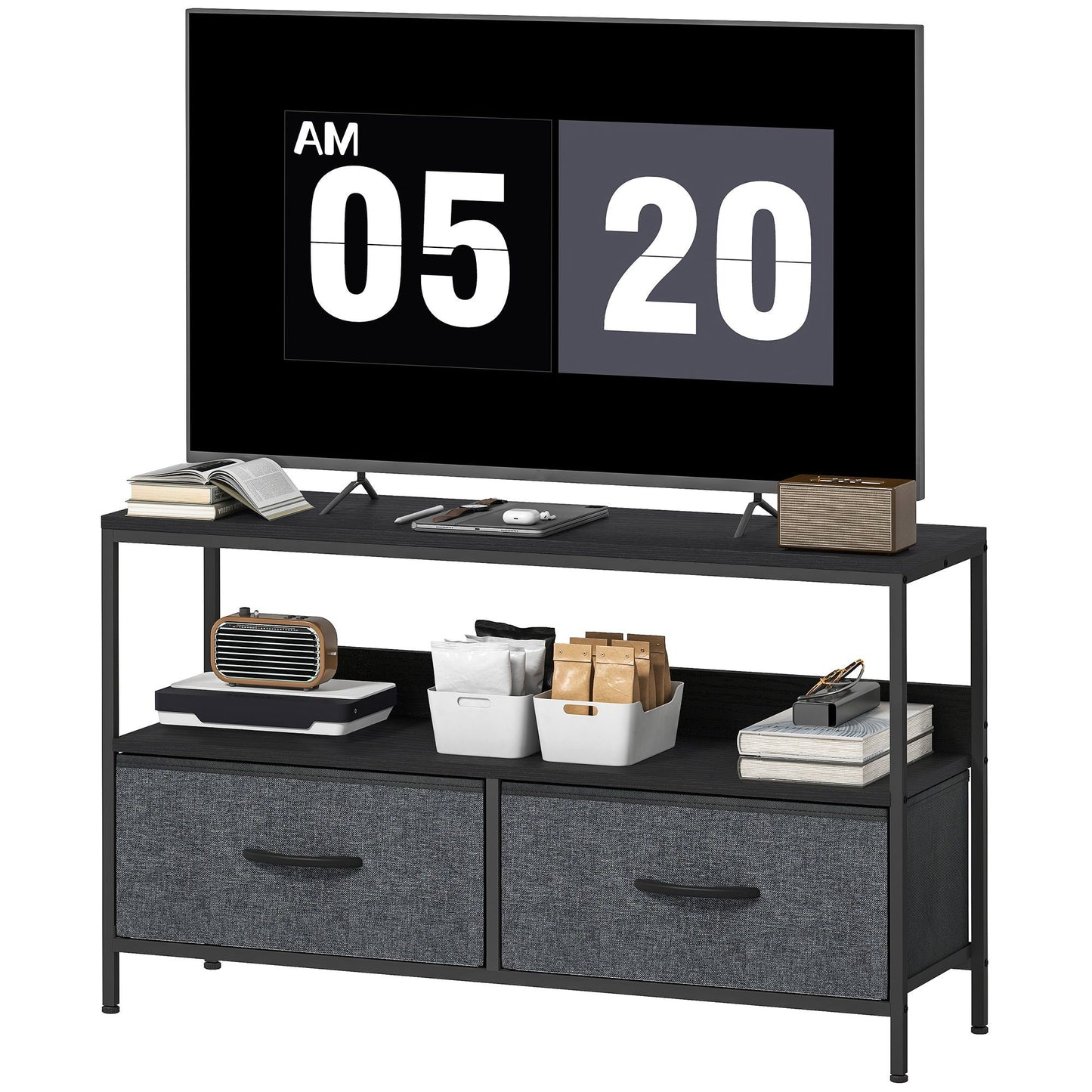 TV Stand with Charging Station and Linen Drawers - Black