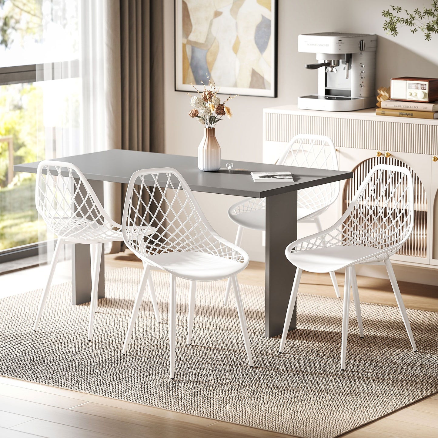Modern Dining Chairs Set of 4, Plastic Kitchen Chairs with Hollow Backrest and Metal Legs for Living Dining Room, White