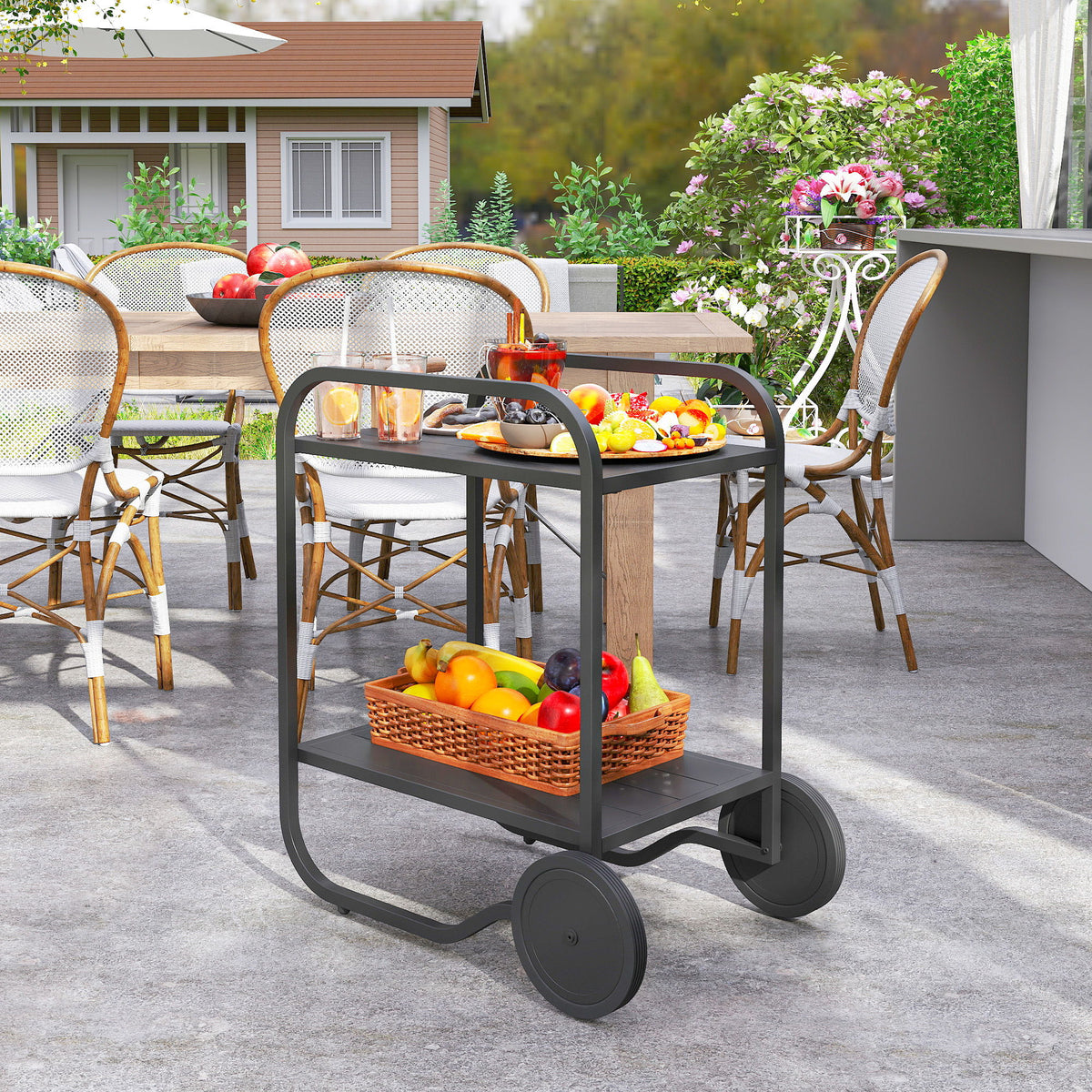 Outdoor Grill Cart with Storage, 2-Tier Bar Cart on Wheels with Side Handle, Steel Frame for Indoor Outdoor, Black