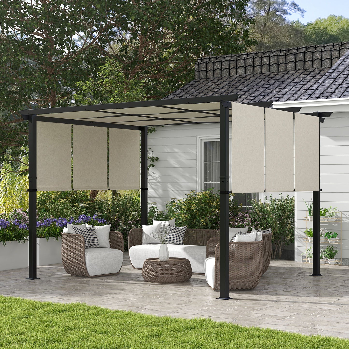 10' x 12' Metal Pergola, Outdoor Pergola with Retractable Canopy, for Garden, Patio, Backyard, Deck