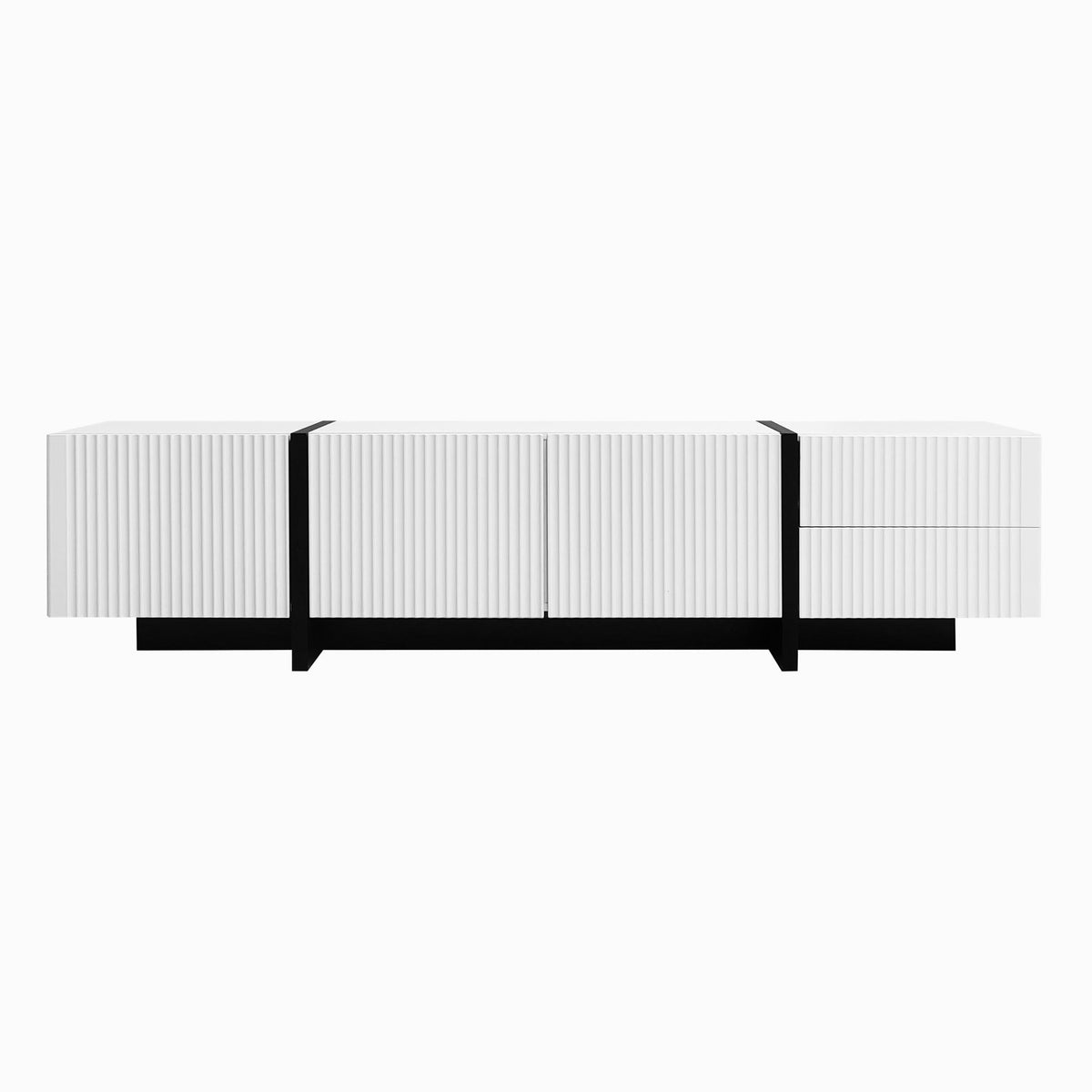 Modern TV Cabinet with Ample Storage and Soft-Close Hinges, Sturdy TV Stand for Living Rooms, 74.5'' L x 14'' W x 17.5'' H, Black+White