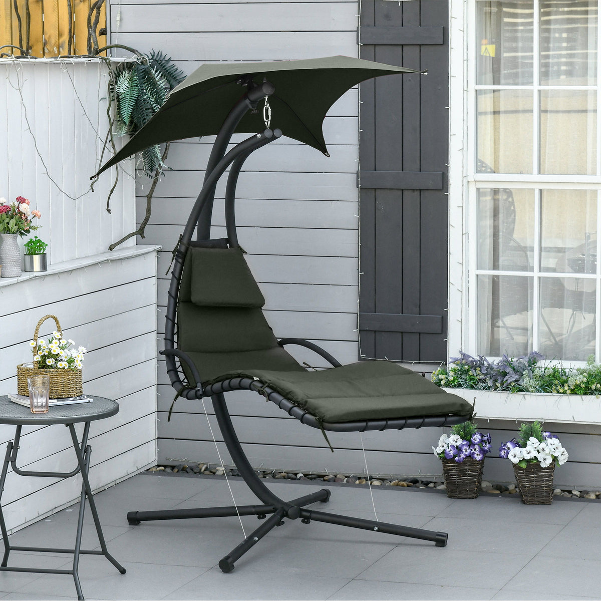 Outdoor Hammock Chair with Stand, Floating Chaise Lounge Chair with Soft Padded Cushion, Hanging Hammock Swing Reclining Seat with Canopy Umbrella, Charcoal Grey