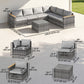 7 Piece Patio Furniture Set, L-Shaped Wicker Outdoor Sectional Sofa with Faux Wood Coffee Table, Cushions, Light Grey
