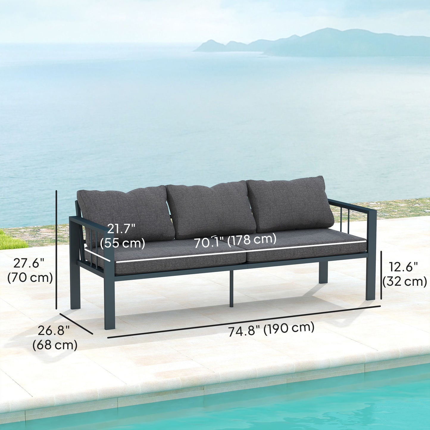 3-Seat Aluminum Outdoor Couch Patio Sofa with Cushions, Wide Seat, Armrests for Garden, Backyard, Balcony, Dark Grey