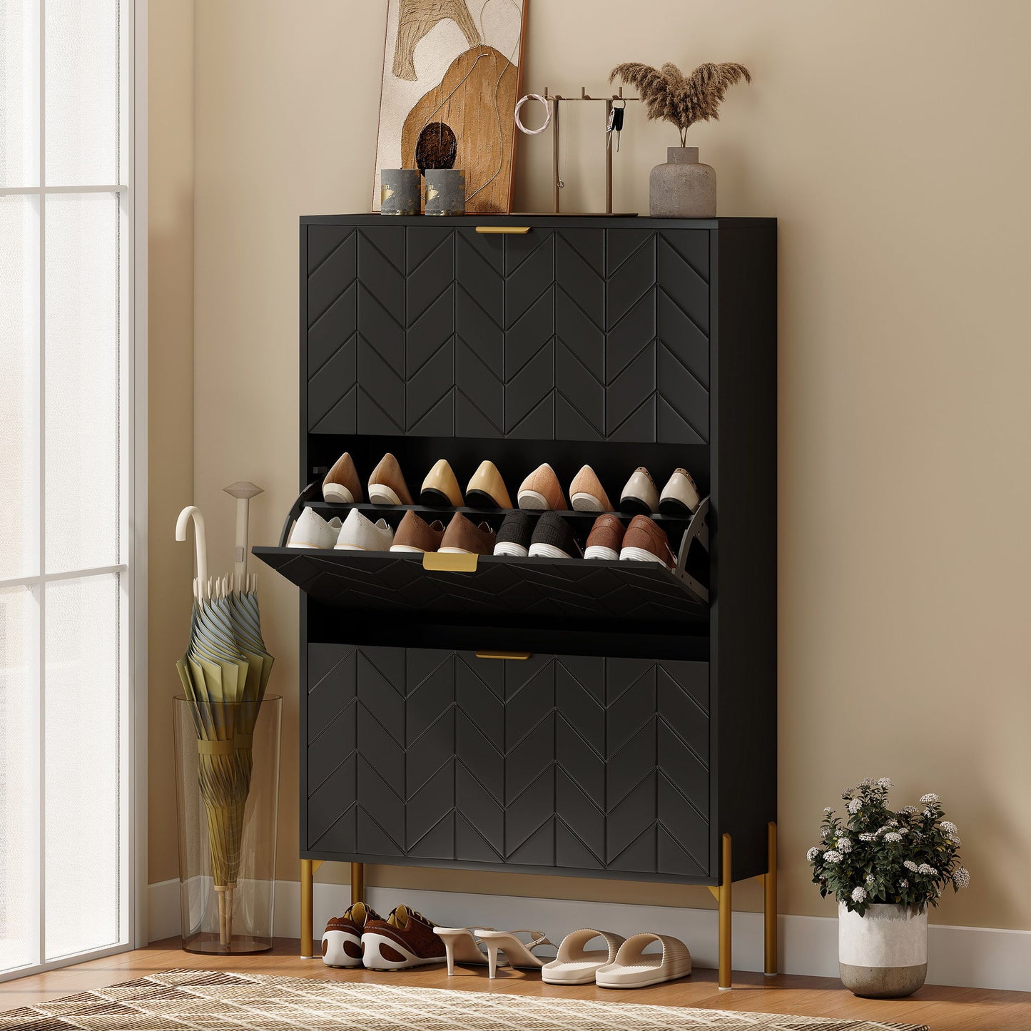 Shoe Cabinet with 3 Flip Drawers, Modern Narrow Shoe Storage Cabinet with Adjustable Shelves, Black