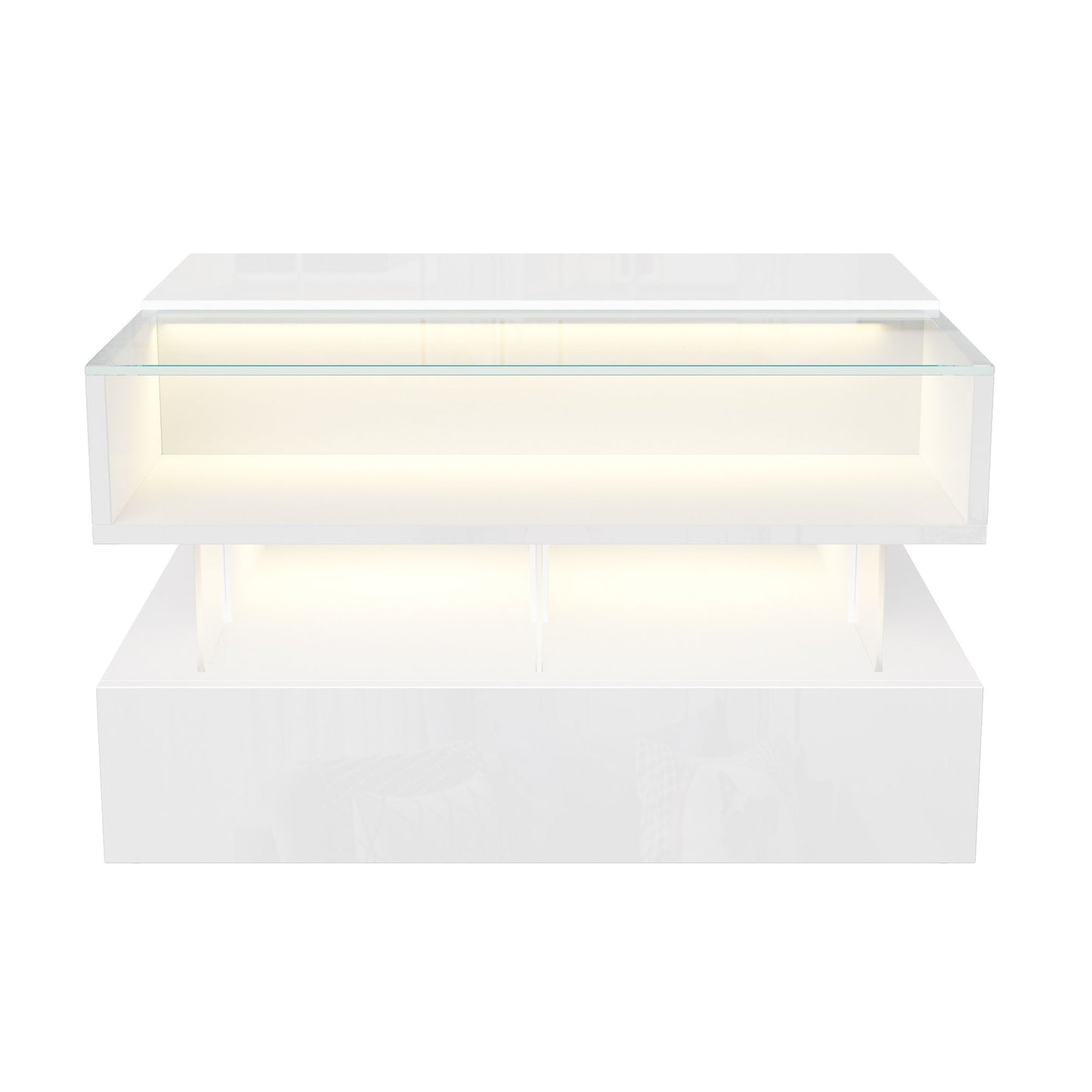 High-Gloss Coffee Table with Glass Top and LED Light, Storage Drawer and Adjustable Height, Easy to Install, 26" L x 21.5" W x 21.5" H, White
