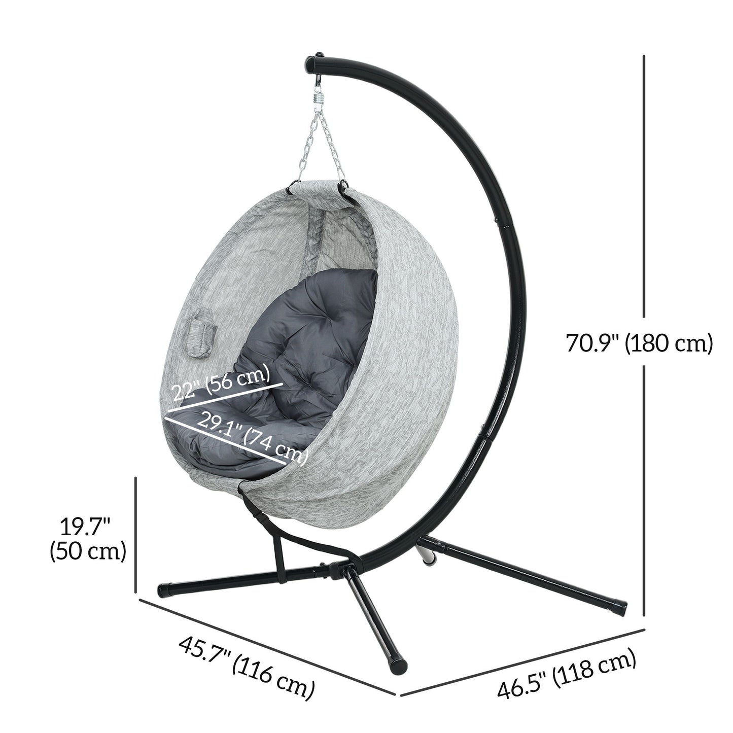 Egg Chair with Folding Basket, Outdoor Indoor Hanging Swing Chair with Stand, Cushions for Patio, Balcony, Grey
