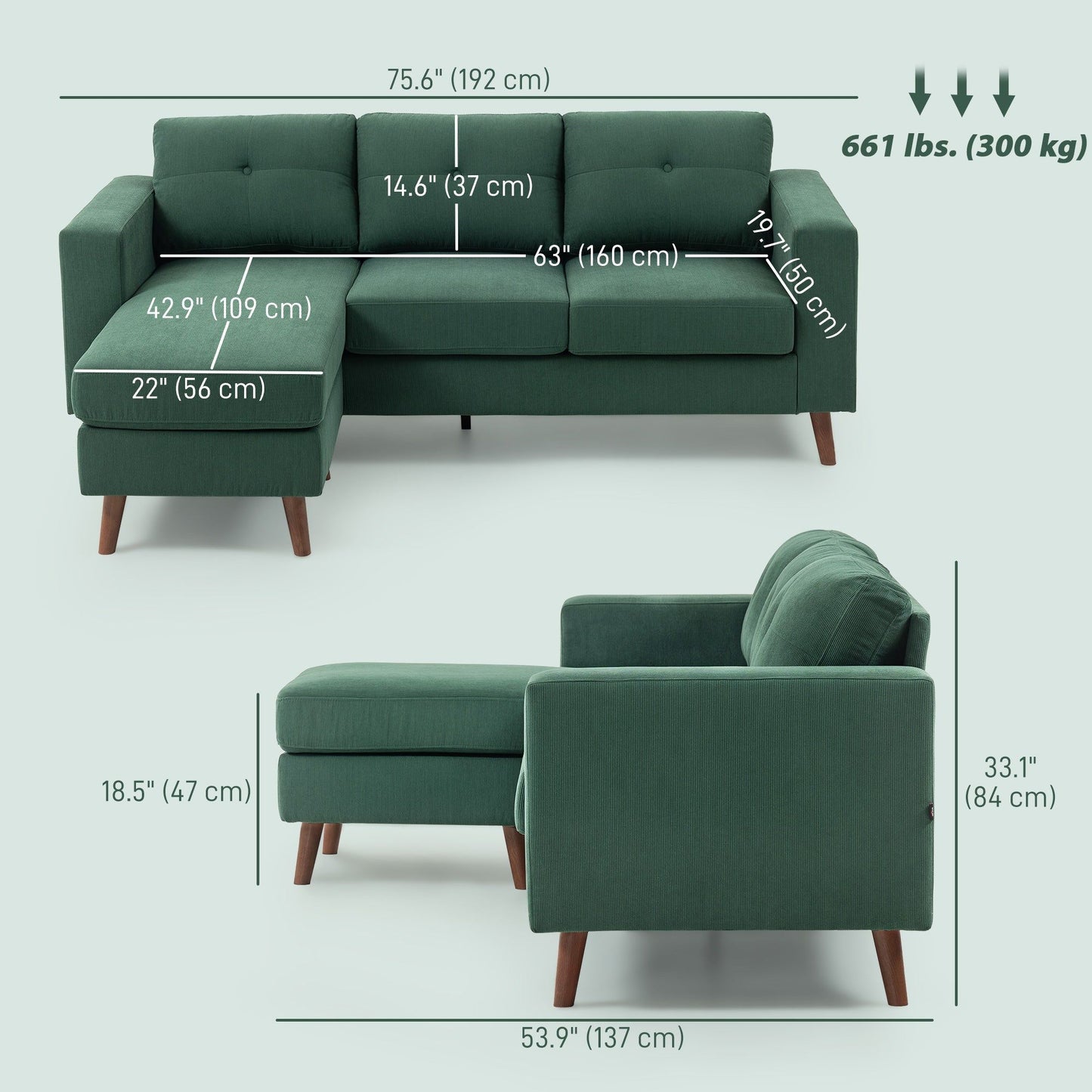 L-Shaped Sectional Sofa with Reversible Chaise - Dark Green