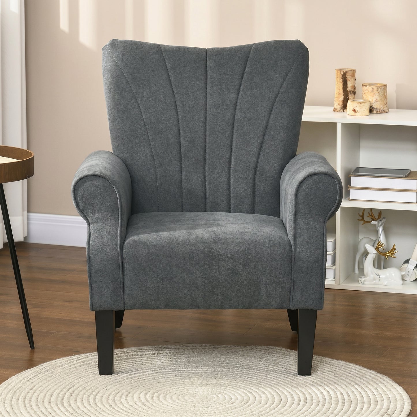 Fabric Armchair, Modern Accent Chair with Wood Legs for Living Room, Bedroom, Home Office, Dark Grey