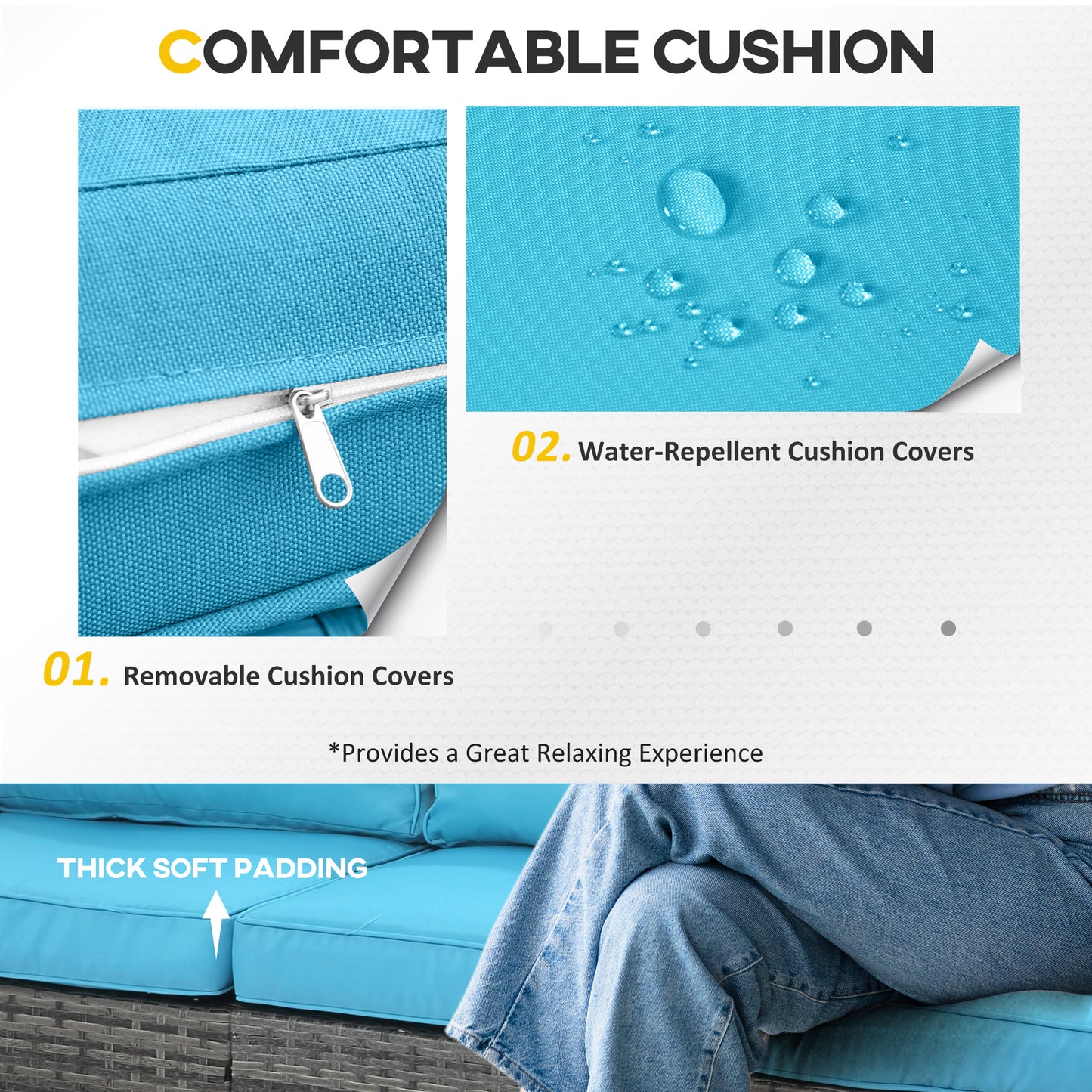 6 Pieces Patio Furniture with Cushions, PE Wicker Sectional Furniture Conversation Set with a 3-Seat Sofa, 2 Recliner Chairs, 2 Footstools, Table, Sky Blue