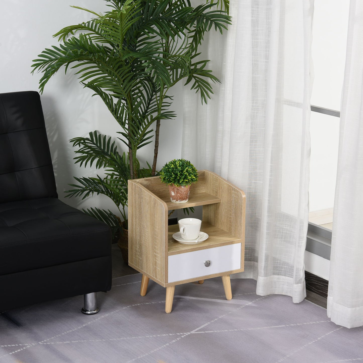 Bedside Table with 2-tier Shelf and Drawer, Side End Table with Storage for Living Room, Bedroom, Natural