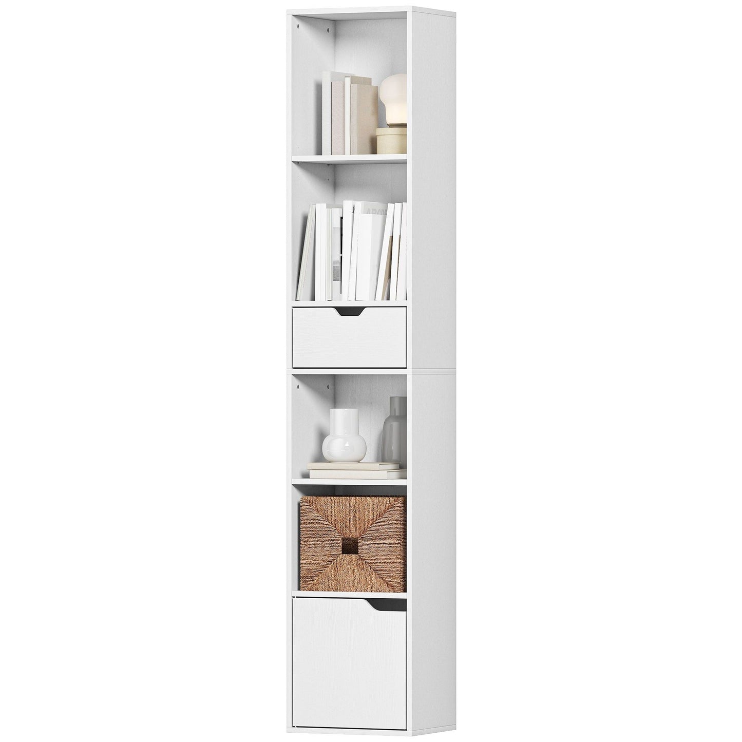 6-Tier Tall Narrow Bookshelf with Drawer and Door - White