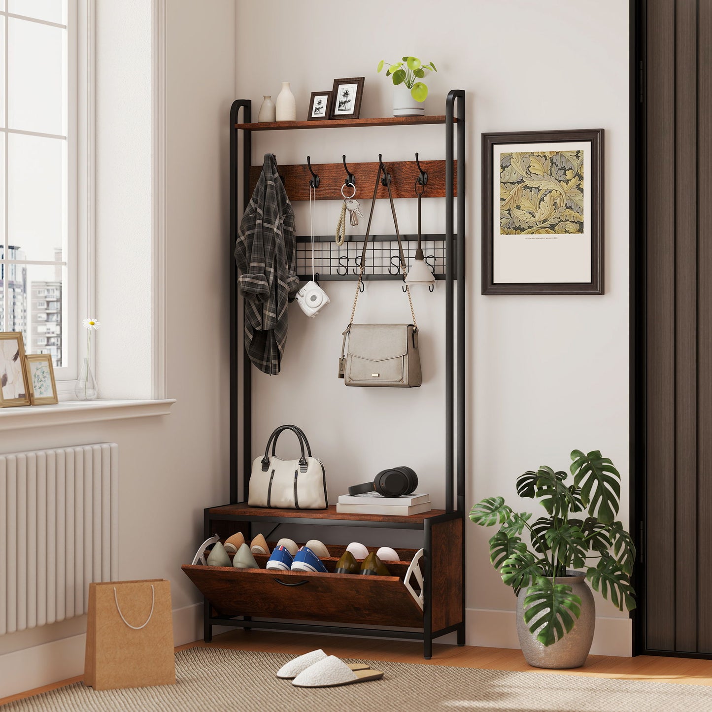 5-In-1 Coat Rack Shoe Bench, Hall Tree with Bench, Shoe Cabinet, 10 Hooks for Hallway, Mud Room, Rustic Brown