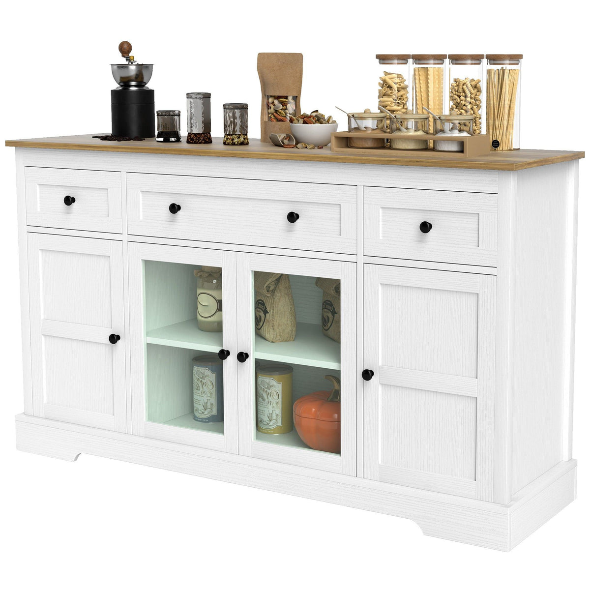 Sideboard Buffet Cabinet with Glass Doors - Distressed White