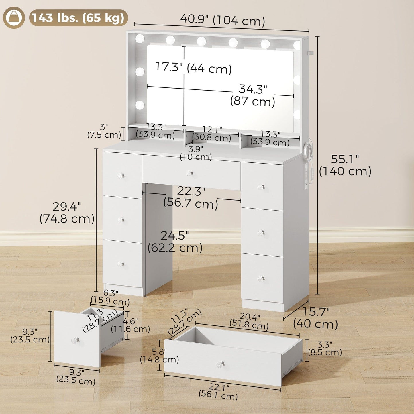 LED Vanity Desk with 7 Drawers and Charging Station - White