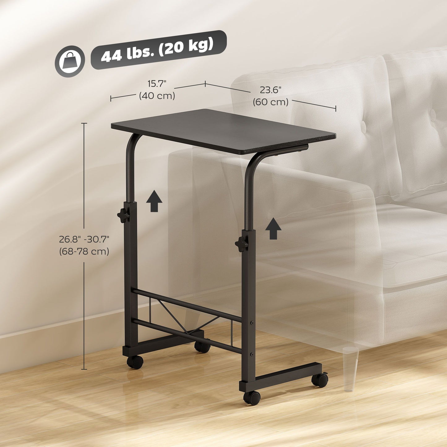 Mobile Standing Desk with Adjustable Height, 23.5 inch Stand Up Desk with Wheels, Black