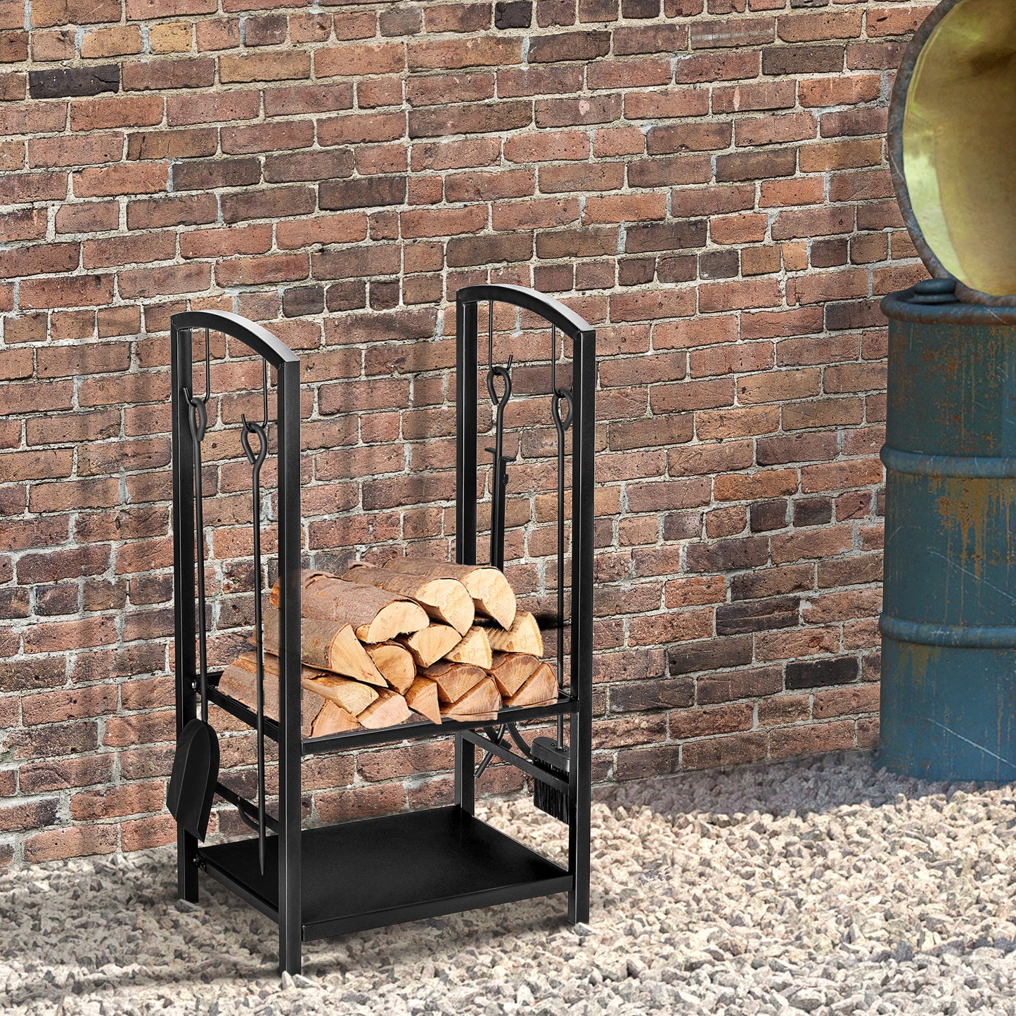 2-Tier Firewood Log Rack with 4 Tools, Fireplace Wood Storage Holder with Shovel, Broom, Poker, Tongs and Hooks, Black