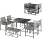 9 Pieces Wicker Patio Dining Set with 4 Armchairs, 4 Stools, Tempered Glass Top, Removable Cushions, Light Grey