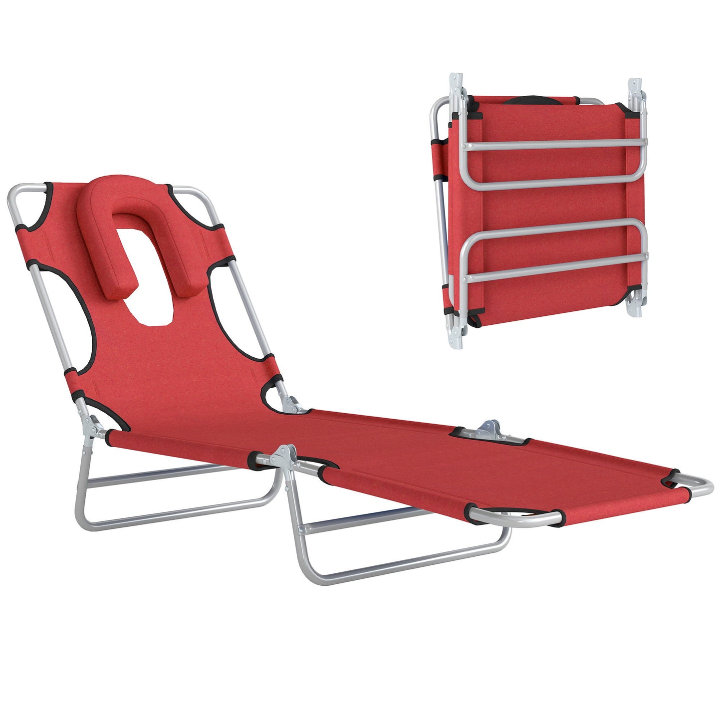 Folding Lounge Chair Outdoor, Tanning Chair with Face Hole Arm Slots, Beach Chaise Lounger with Pillow, 5-Position Adjustable Portable Sun Lounger Bed for Pool, Red