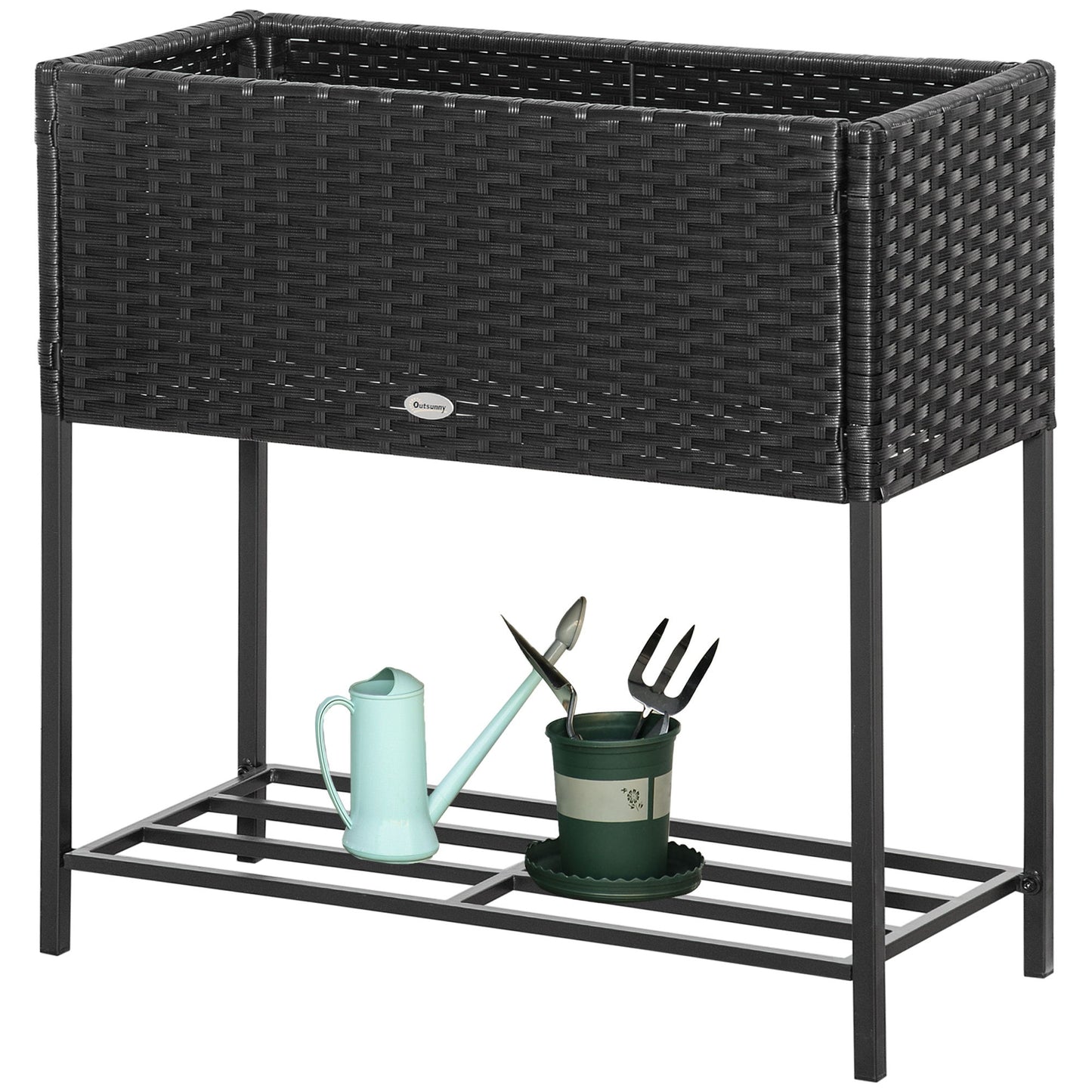 Rattan Raised Garden Boxes, Elevated Flower Beds with Storage Shelf for Herbs, Flowers, Vegetables, Black