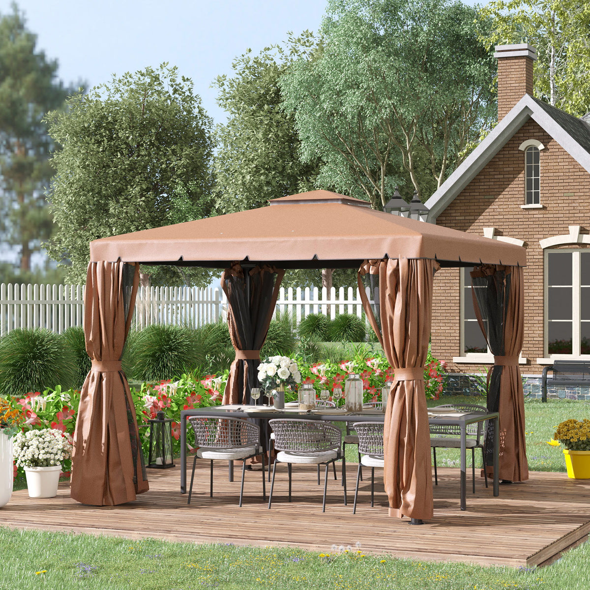 10' x 10' Outdoor Patio Gazebo Double Soft-top Garden Shelter Tent with Curtains, & Mesh Screen Drapes, Brown
