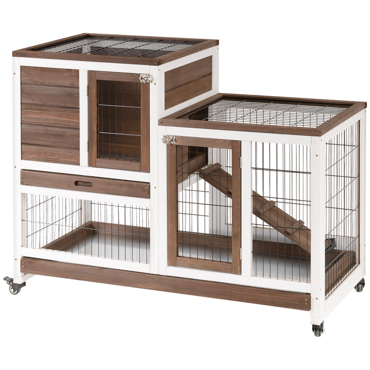 Brown Wooden Rabbit Hutch with Wheels & Pull-Out Trays