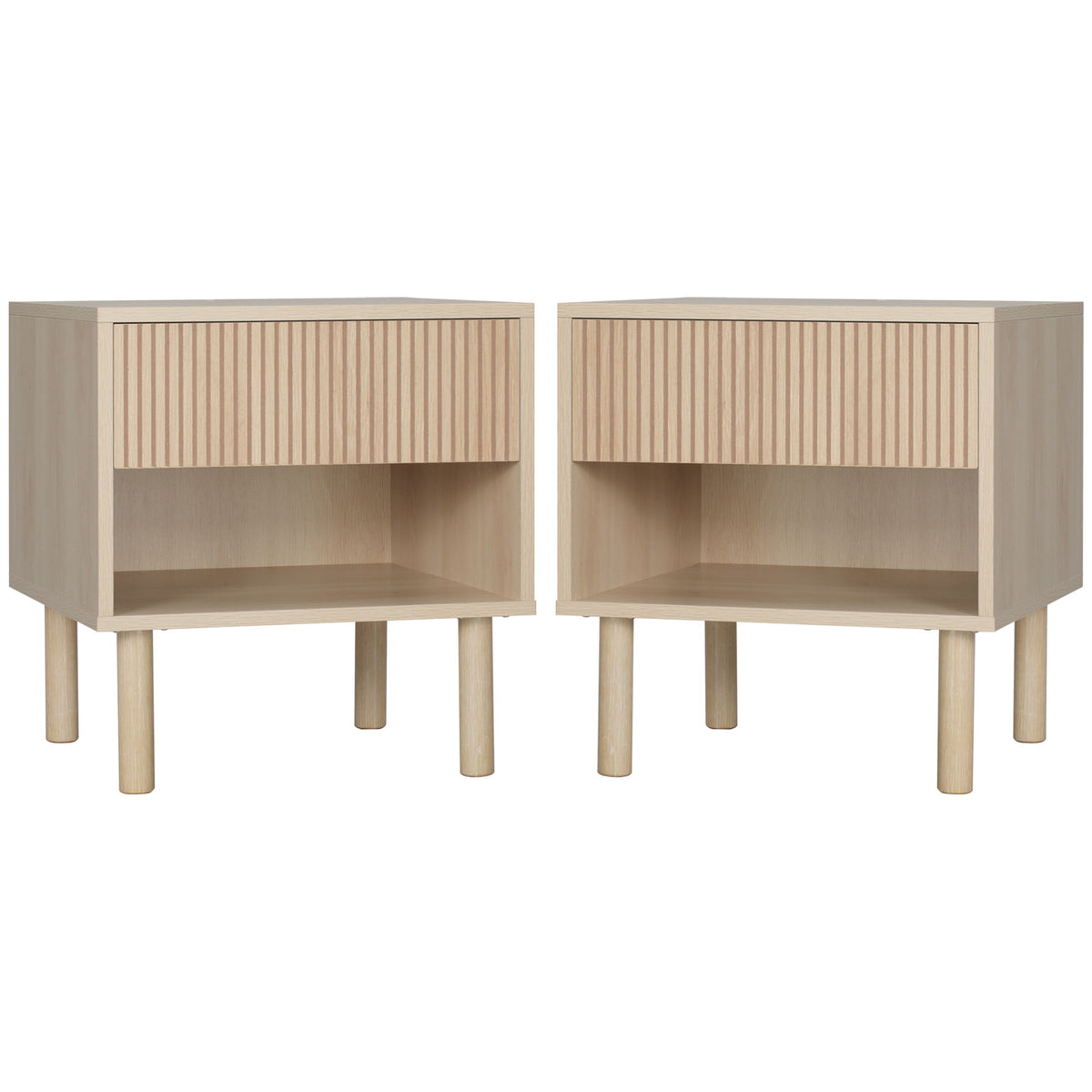 Set of 2 Bedroom Nightstands, Side Table with Storage Shelf and Drawer for Living Room, Bedroom, Natural Wood