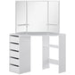 Corner Dressing Table, Makeup Desk with 3-piece Mirror and 5 Drawers, White