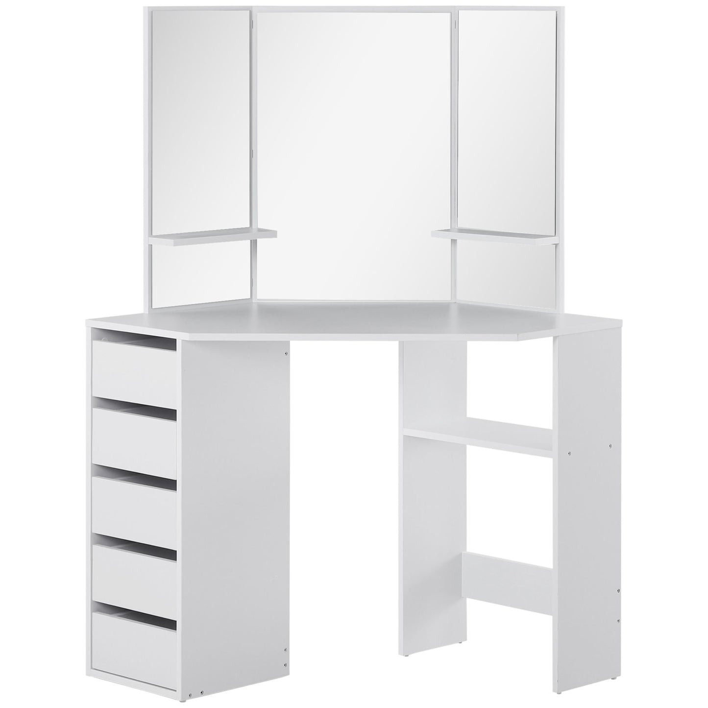 Corner Dressing Table, Makeup Desk with 3-piece Mirror and 5 Drawers, White