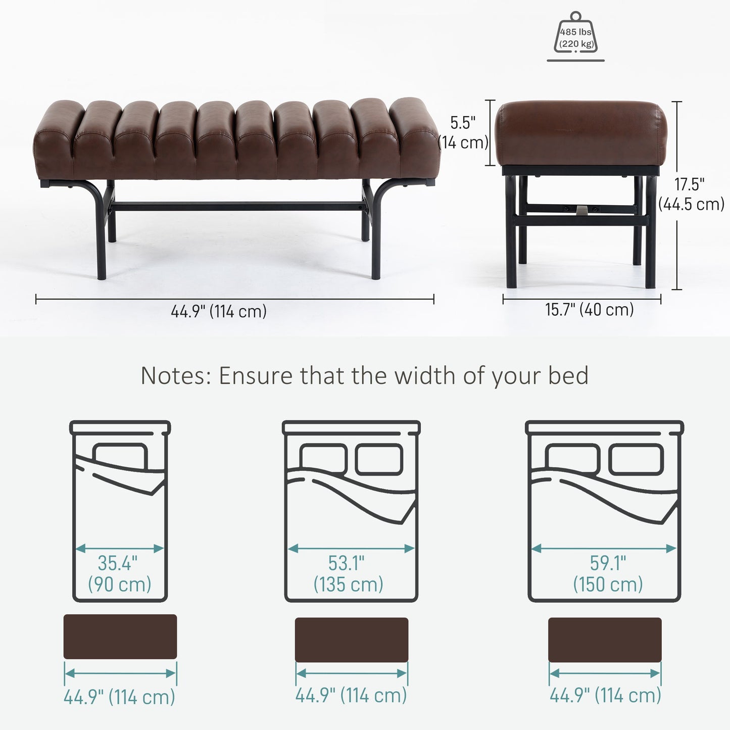 Bedroom Bench PU Leather End of Bed Bench with Cylindrical Seat and Metal Legs for Bedroom Living Room Hallway Brown