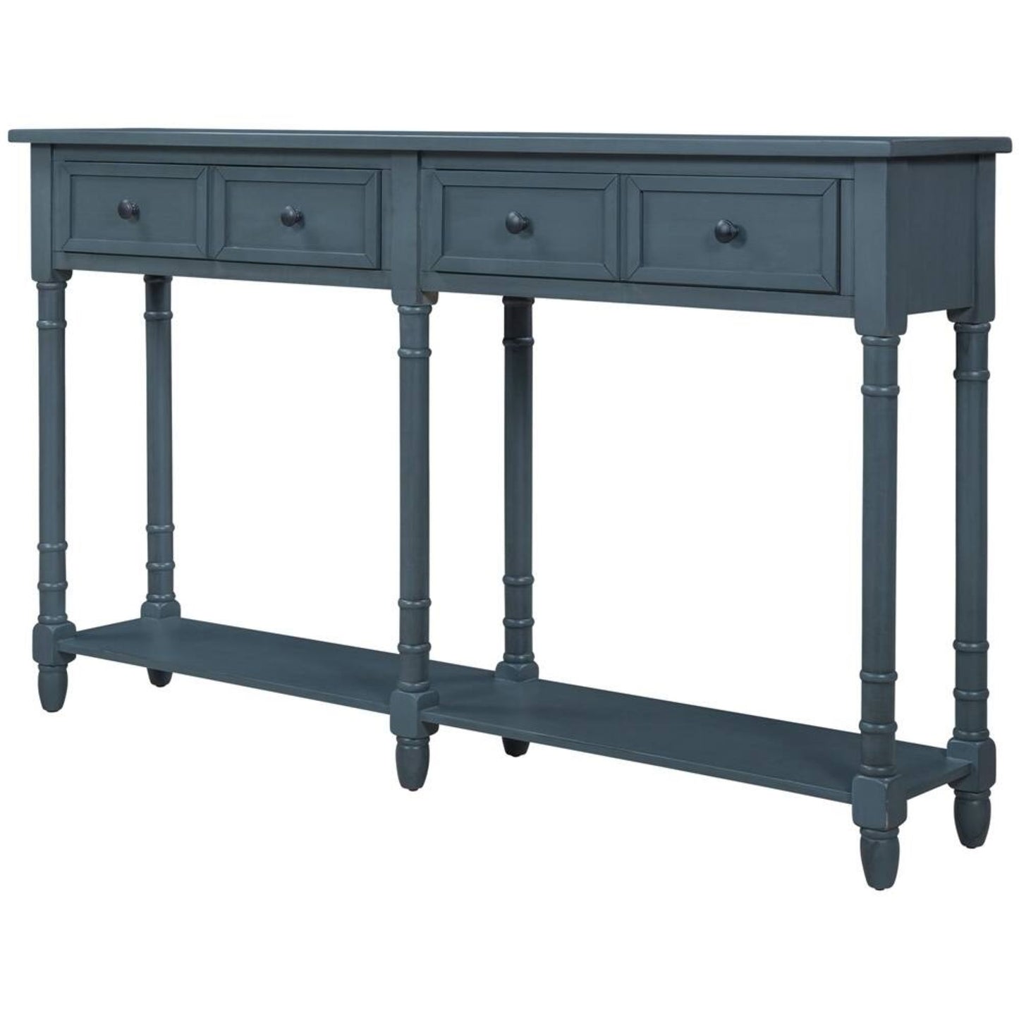 Console Table with Two Storage Drawers and Bottom Shelf, Solid Wood Frame, Easy Assembly, 58" L x 11" W x 34" H, Navy Blue